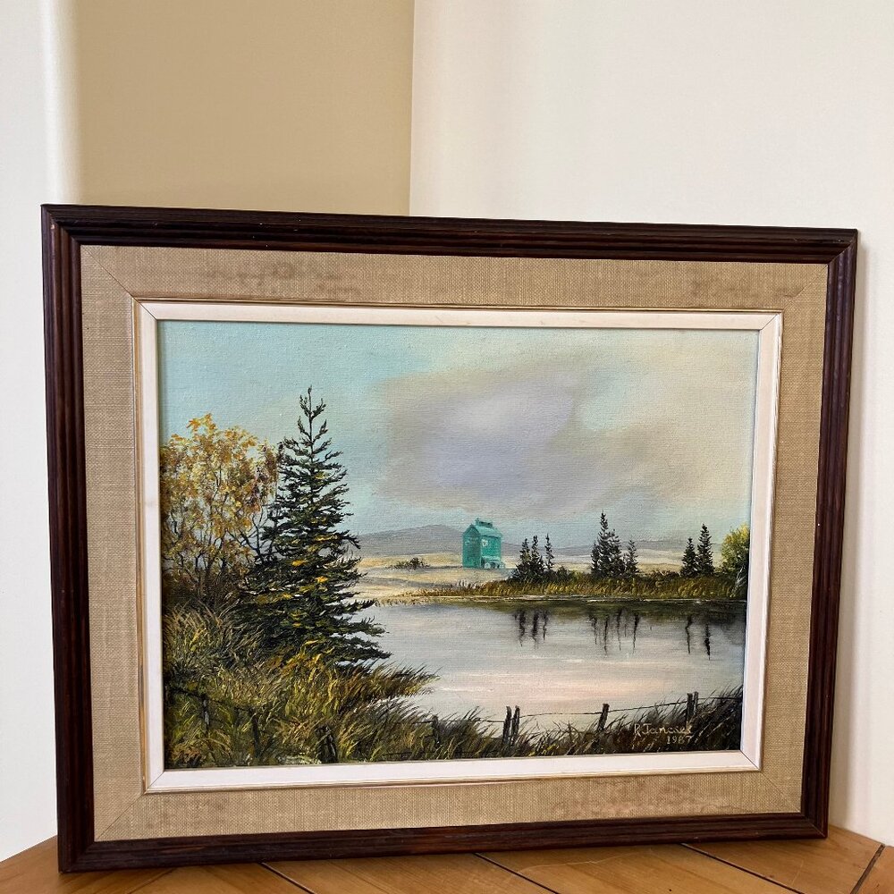 Prairie Grain Elevator Pond Landscape Framed Oil Painting Vintage 1987 R Jancsek